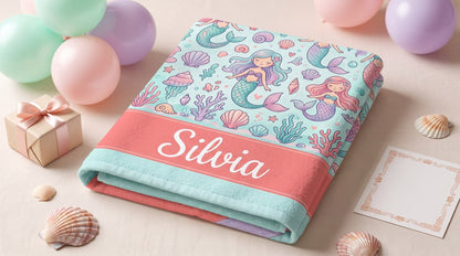 Personalized Mermaid Towel for Kids – Custom Name Beach & Pool Towel Birthday Vacation Gift