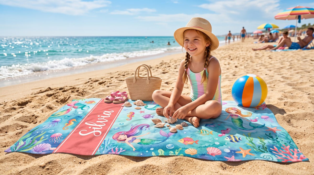 Personalized Mermaid Towel for Kids – Custom Name Beach & Pool Towel Birthday Vacation Gift