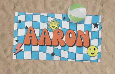 Retro Smile Groovy Style Personalized Kids Beach & Pool Towel Custom Pool Towel Beach Towel With Name Outside Birthday Vacation Gift