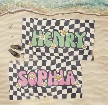 Personalized Daisy Checker Beach Towel Retro Style with Name – Custom Birthday & Anniversary Gift Beach Towel