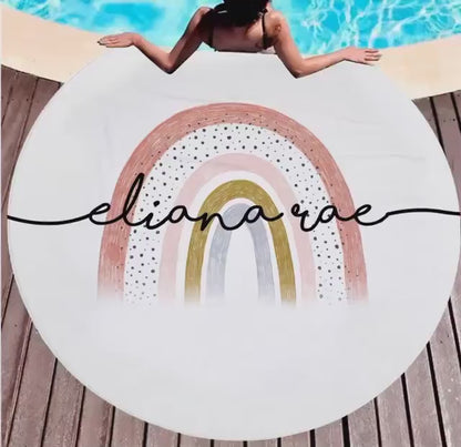 Personalized Rainbow Round Beach Towel, Personalized Beach Towel Personalized Name Bath Towel Custom Pool Towel Birthday Vacation Gift