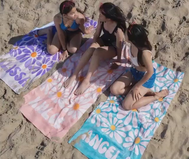 70s Daisy Boho Style Personalized Beach Towel with Name Custom Summer Gift, Birthday and Anniversary Beach Towel for Adults & Kids