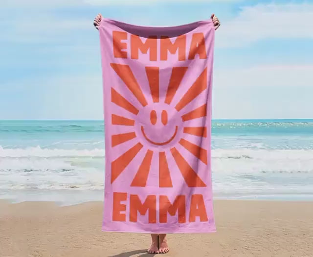 Smile Face Personalized Beach Towel Personalized Name Bath Towel Custom Pool Towel Beach Towel With Name Outside Birthday Vacation Gift