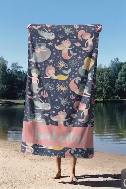 Personalized Mermaid Towel for Kids – Custom Name Beach & Pool Towel Birthday Vacation Gift