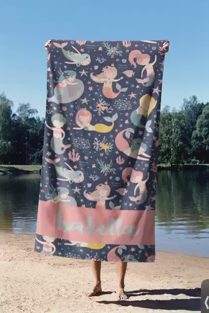 Personalized Mermaid Towel for Kids – Custom Name Beach & Pool Towel Birthday Vacation Gift