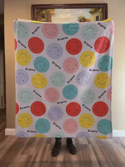 Multi Smile Personalized Blankets with Name for Boys Girls Adult, Sparkling Print Personalized Blankets Gift