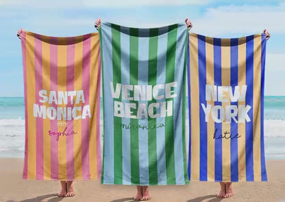 Personalized Beach Towel Custom City Name and Color, Soft Quick-Dry Striped Summer Towel Gift for Travel & Pool
