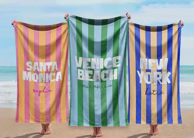 Personalized Beach Towel Custom City Name and Color, Soft Quick-Dry Striped Summer Towel Gift for Travel & Pool