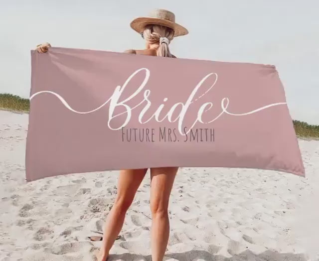 Personalized Bride Beach Towel: Gold Script Honeymoon Gift