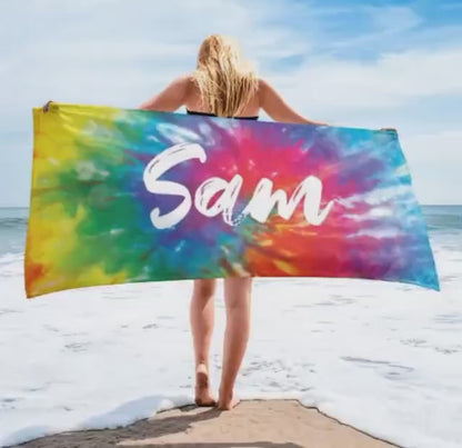 Multi-Color Tie Dye Style Personalized Beach Towel Personalized Name Bath Towel Custom Pool Towel Beach Towel With Name Outside Birthday