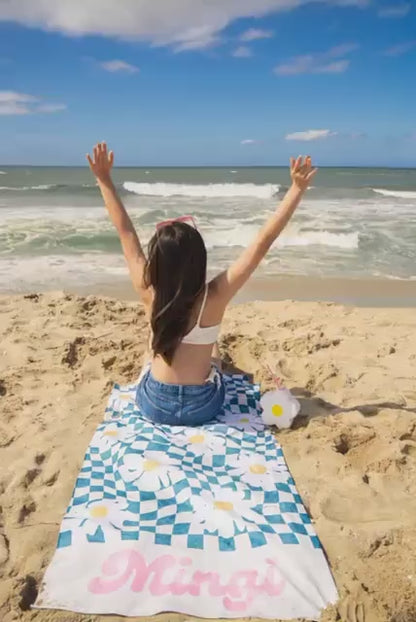 Personalized Beach Towel 70s Retro Two Tone Checker Custom Name Bath Towel Birthday Vacation Gift