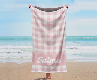 Pastel Checker Easter Personalized Beach Towel Name Bath Towel Custom Pool Towel Beach Towel With Name Outside Birthday Vacation Gift