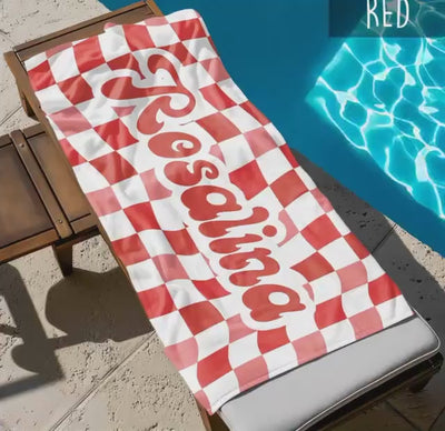 Retro two tone checker personalized gifts, Beach Towel With Name, Birthday Vacation Gift, girl gift