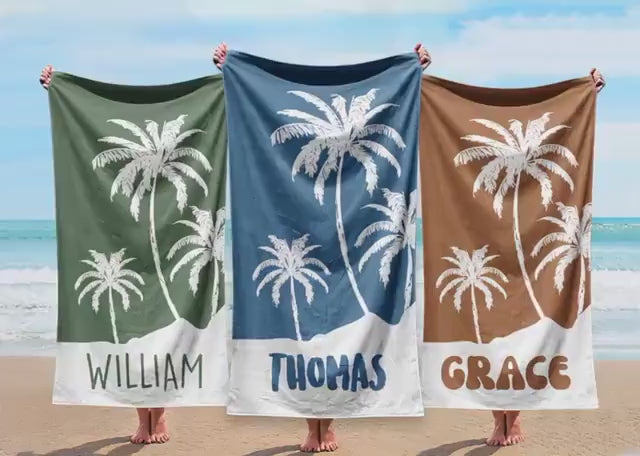 Personalized Palm Tree Beach Towel: Custom Name Vacation Gift