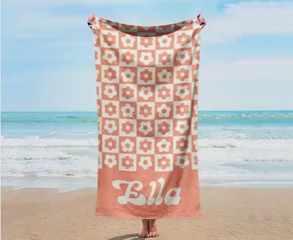 Personalized Retro Style Beach Towel with Name – Custom Patterned Gift for Birthday & Anniversary, Unique Summer Beach Accessory
