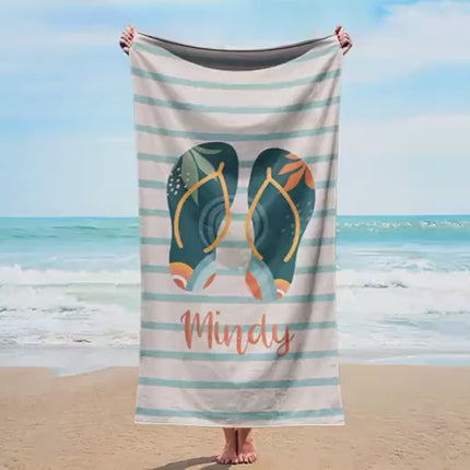 Personalized Beach Towel: Custom Name, Striped Flip Flops