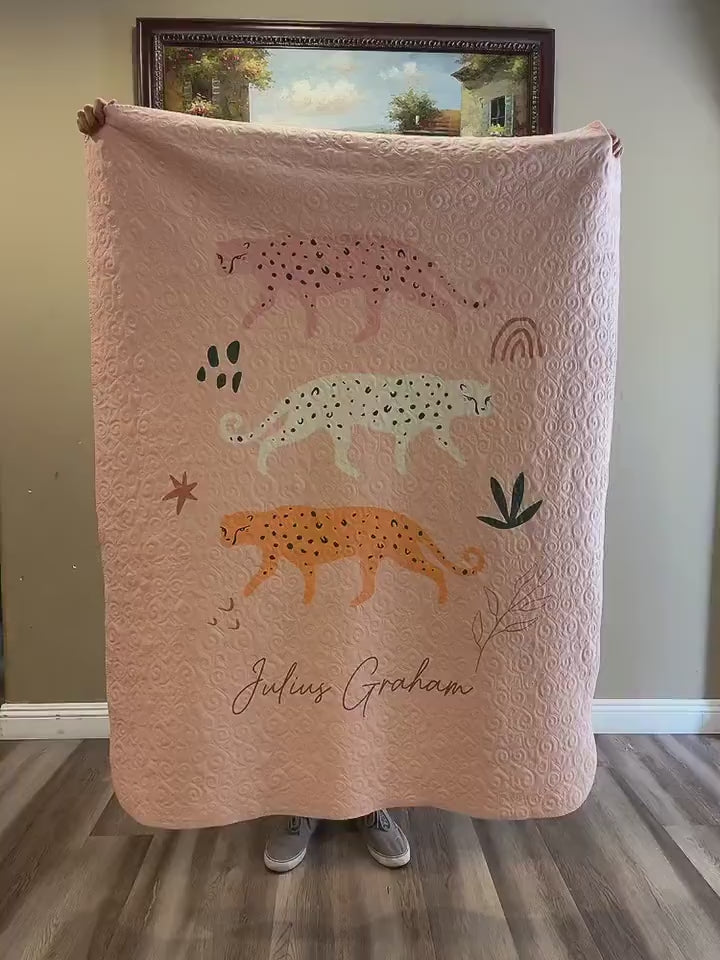 Quilted Monogram Plush Blanket Full Size  60” x 80”  Watercolor Animal pattern in vintage rustic style