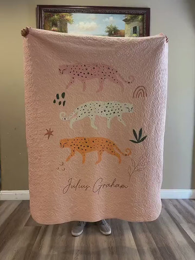Quilted Monogram Plush Blanket Full Size  60” x 80”  Watercolor Animal pattern in vintage rustic style