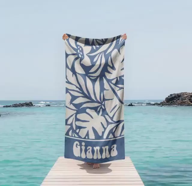 Personalized Beach Towel with Retro Leaf Geometric Pattern, Custom Name Gift for Birthday & Anniversary, Unique Summer Beach Accessory