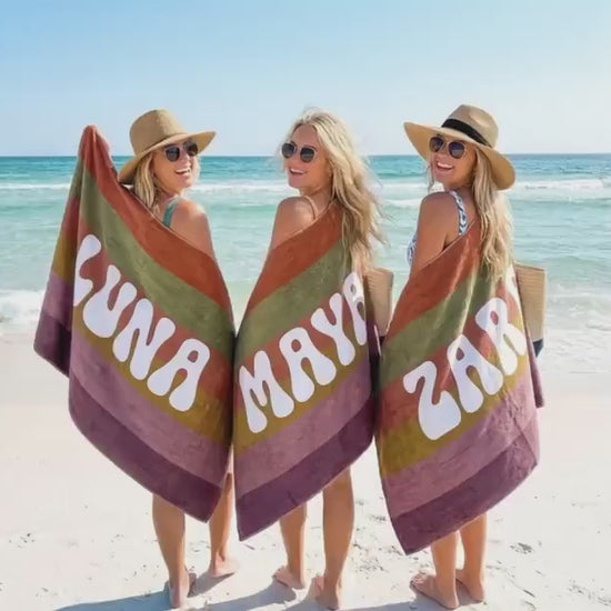Retro MULTI COLOR STRIPE Personalized Beach Towel: Custom Name Bath Towel