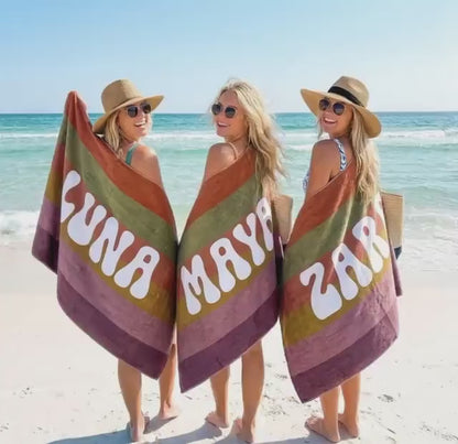 Retro MULTI COLOR STRIPE Personalized Beach Towel: Custom Name Bath Towel