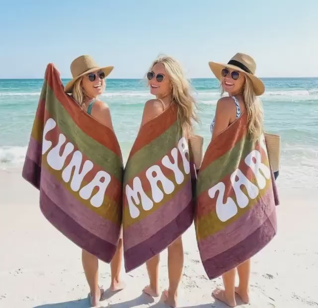 Retro MULTI COLOR STRIPE Personalized Beach Towel: Custom Name Bath Towel