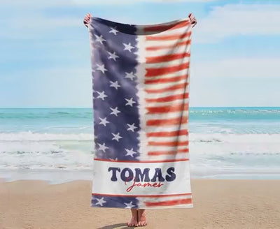 4th of July USA Personalized Beach Towel Name Bath Towel Custom Pool Towel Beach Towel With Name Outside fourth of July Vacation Gift