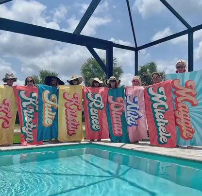 Groovy RETRO Style Personalized Beach Towel Personalized Name Bath Towel Custom Beach Towel With Name Outside Birthday Vacation Gift