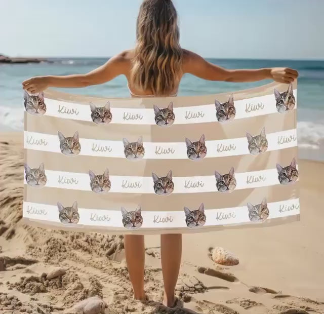 Portrait Pet Beach Towel Pet Photo + Name Custom Dog Beach Towel Cat Picture Blanket Pet Photo Customized Gift