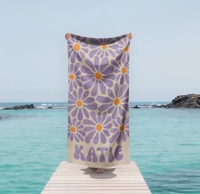 70s Daisy Boho Style Personalized Beach Towel with Name Custom Summer Gift, Birthday and Anniversary Beach Towel for Adults & Kids