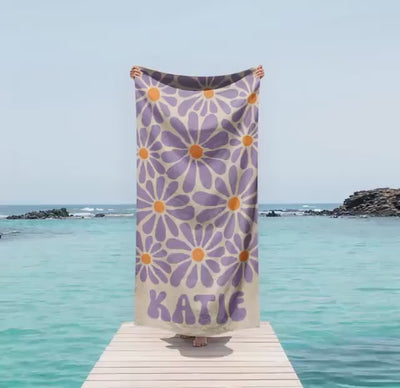 70s Daisy Boho Style Personalized Beach Towel with Name Custom Summer Gift, Birthday and Anniversary Beach Towel for Adults & Kids