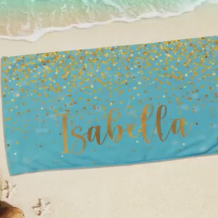 Personalized Sparkling Gold Name Beach Towel: Custom Vacation Gift