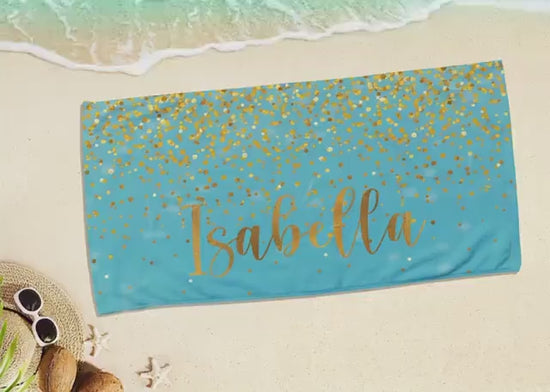 Personalized Sparkling Gold Name Beach Towel: Custom Vacation Gift