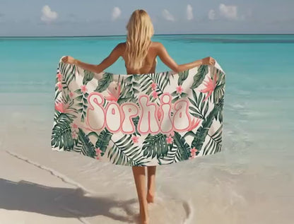 Tropical trend pattern Personalized Beach Towel Personalized Name Bath Towel Custom Pool Towel Beach Towel With Name Birthday Vacation Gift