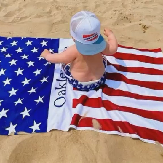 Personalized US Flag Beach Towel: Custom Name, Patriotic Gift