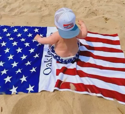 Personalized US Flag Beach Towel: Custom Name, Patriotic Gift