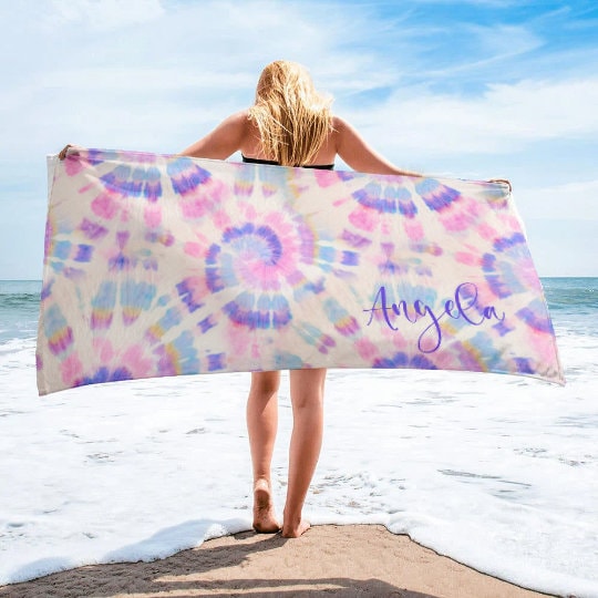 Multi-Color Tie Dye Style Personalize Beach Towel - Personalized Name Bath Towel Custom Pool Towel Beach Towel Name Outside Birthday Gift - CustomCooper