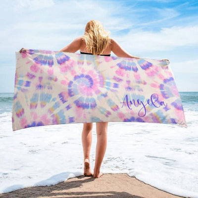 Multi-Color Tie Dye Style Personalize Beach Towel - Personalized Name Bath Towel Custom Pool Towel Beach Towel Name Outside Birthday Gift - CustomCooper