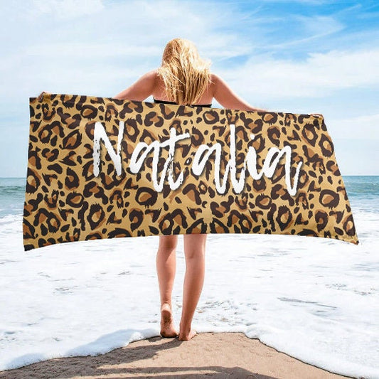 Leopard Print Style Personalized Beach Towel Personalized Name Bath Towel Custom Pool Towel Beach Towel With Name Outside Birthday Gift