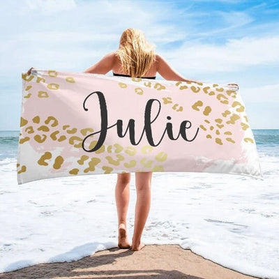 New Metallic Leopard Beach Towel  Custom Pool Towel Beach Towel With Name Outside Birthday Vacation Gift - CustomCooper
