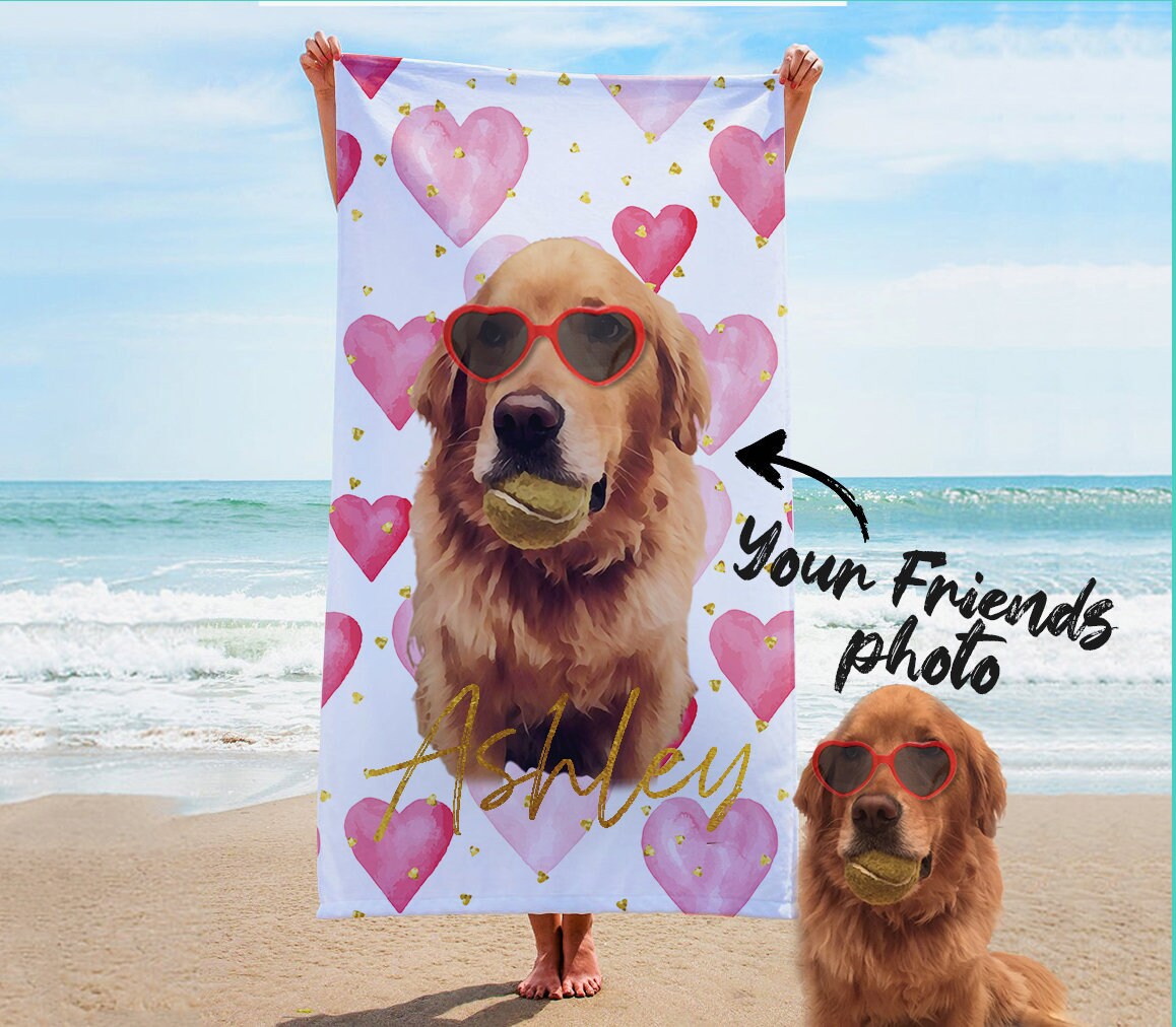 Portrait  Pet Beach Towel Pet Photo + Name Custom Dog Personalized Dog Beach Towel Cat Picture Blanket Pet Photo Customized Gift