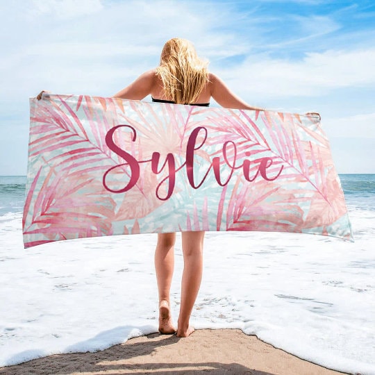 Personalized Floral Design Beach Towel Personalized Name Bath Towel Custom Pool Towel Beach Towel With Name Outside Birthday Vacation Gift - CustomCooper