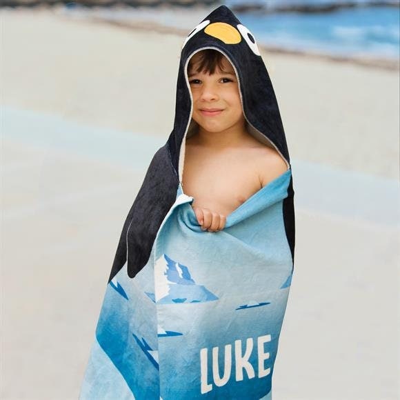 Kids Penguin Design Hooded Personalized Beach Towel, Personalized Hooded Towels for Toddlers, Beach Towels for Babies and Toddlers - CustomCooper