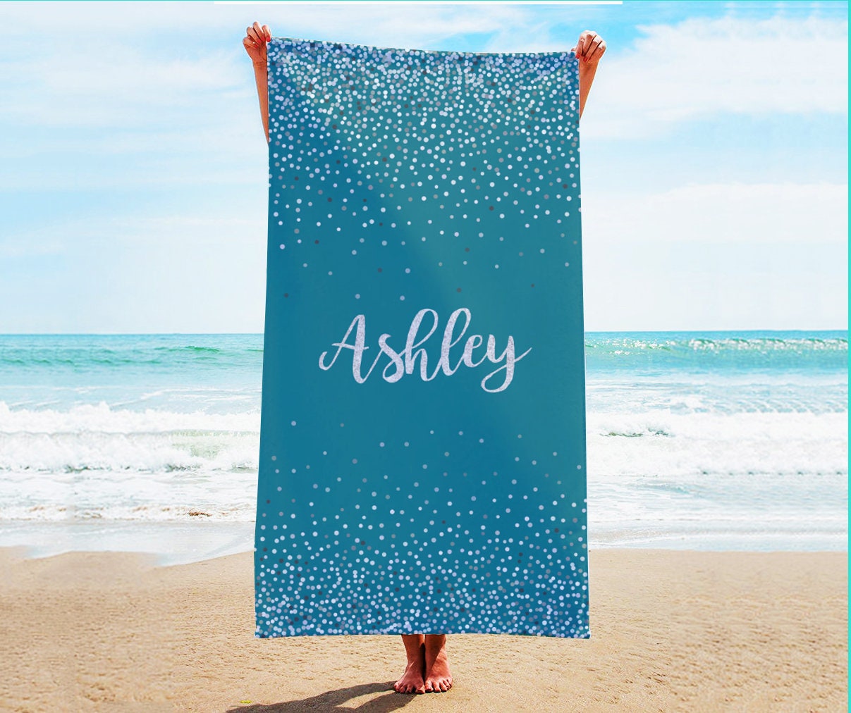 Sparkling Silver Name Personalized Beach Towel Personalized Name Bath Towel Custom Pool Towel Beach Towel With Name Birthday Vacation Gift
