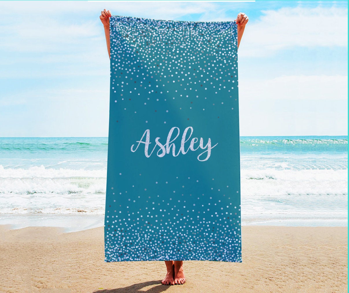 Sparkling Silver Name Personalized Beach Towel Personalized Name Bath Towel Custom Pool Towel Beach Towel With Name Birthday Vacation Gift - CustomCooper