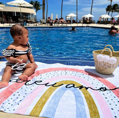Personalized Round Rainbow Design Beach Towel Personalized Name Bath Towel Custom Pool Towel Beach Towel With Name Outside Birthday Vacation