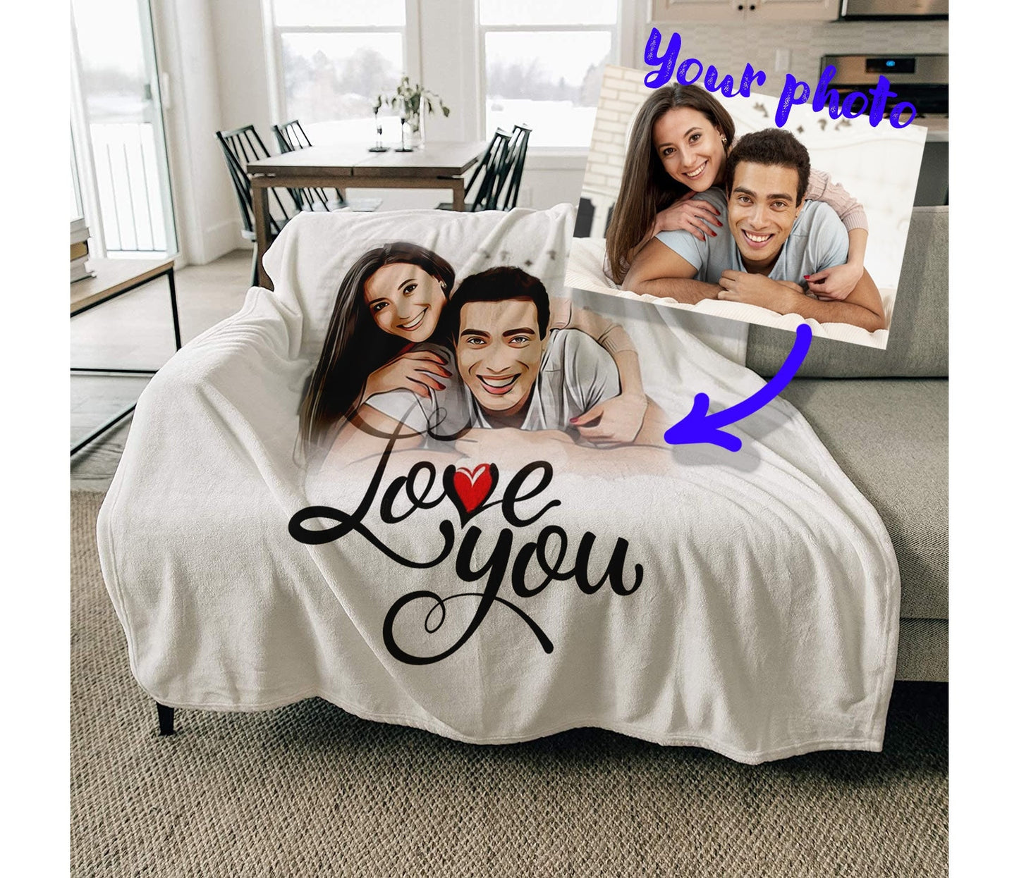 Custom Couple Photo Blanket Personalized With A Photo,  Comfy Picture Blanket Also Great For Picnics And Beach. Photo Blanket Customized