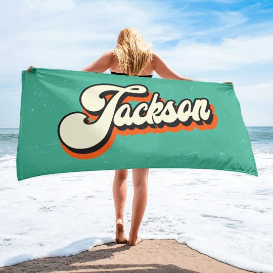 New RETRO Style Personalized Beach Towel Personalized Name Bath Towel Custom Pool Towel Beach Towel With Name Outside Birthday Vacation Gift - CustomCooper