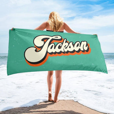 New RETRO Style Personalized Beach Towel Personalized Name Bath Towel Custom Pool Towel Beach Towel With Name Outside Birthday Vacation Gift - CustomCooper