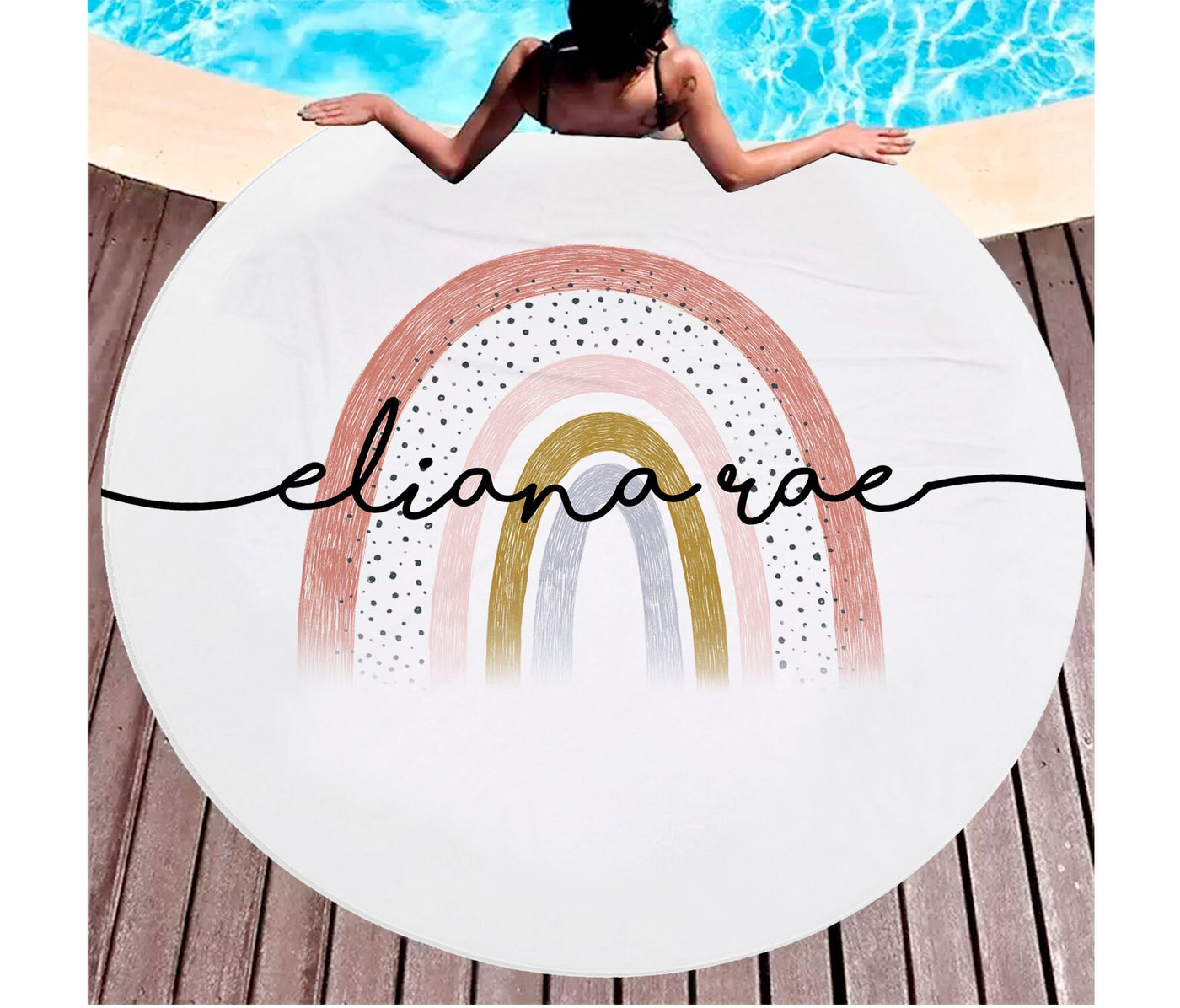 Personalized Round Rainbow Design Beach Towel Personalized Name Bath Towel Custom Pool Towel Beach Towel With Name Outside Birthday Vacation - CustomCooper